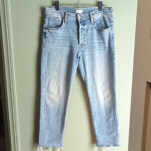MOTHER Blue Straight Leg Jeans with Raw Hem